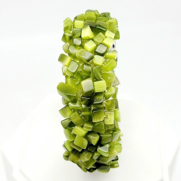 Artisan Olive Green Cat s Eye Chip Bracelet Glass Beads Handmade Boho Army Green - Picture 3 of 10
